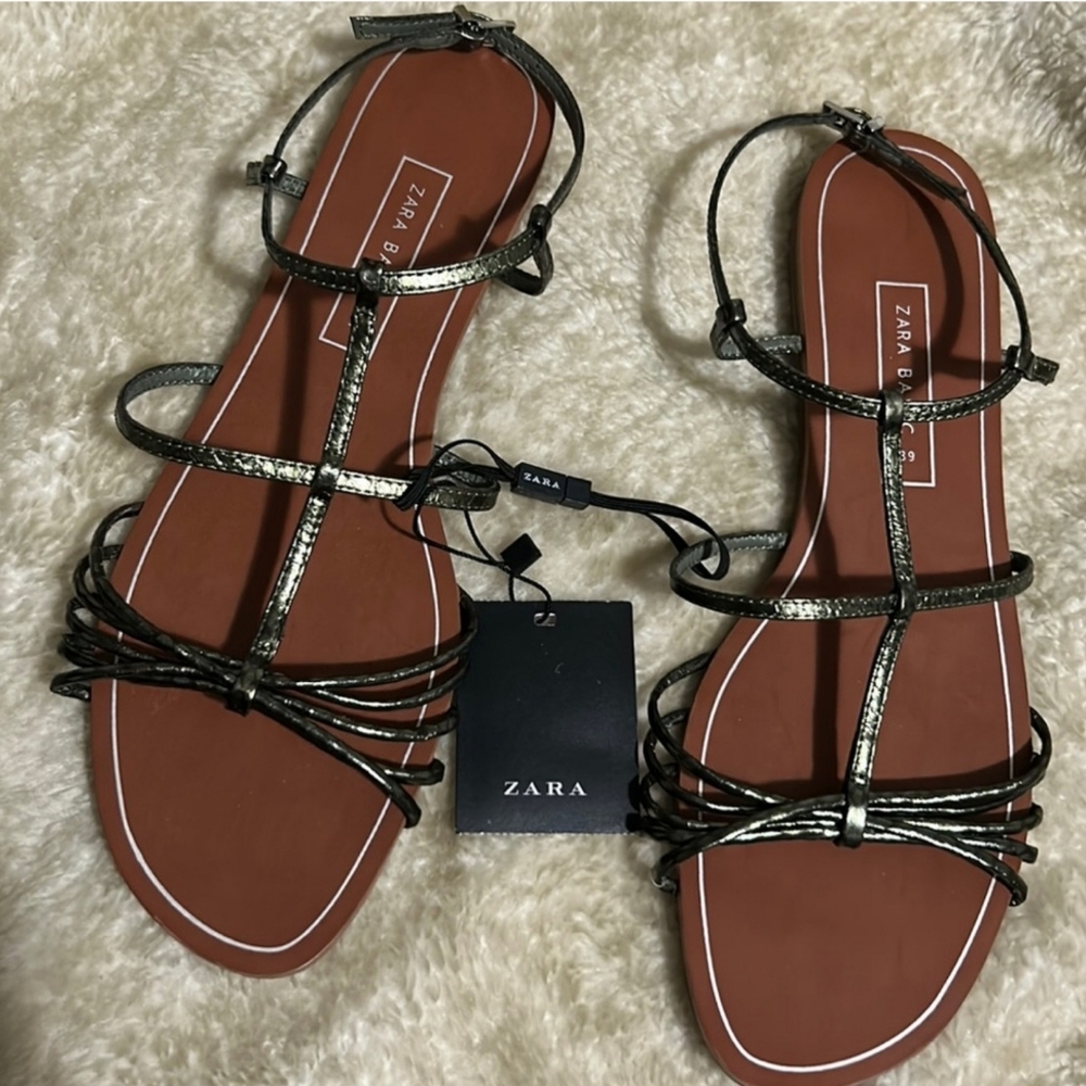 Zara Metallic Black Strappy Sandals